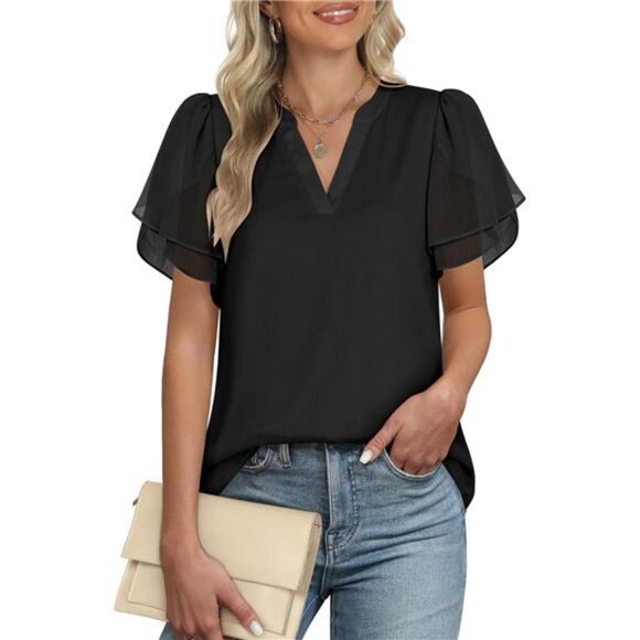 Women’s Dressy Casual Blouses Chiffon V Neck Petal Short Sleeve Shirts - Picture 1 of 7
